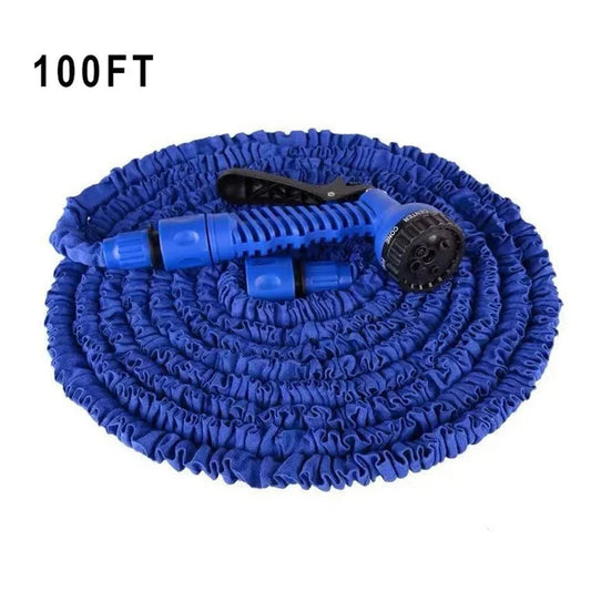 100ft Blue Expandable Garden Hose Coiled with Spray Gun and Connector Fittings