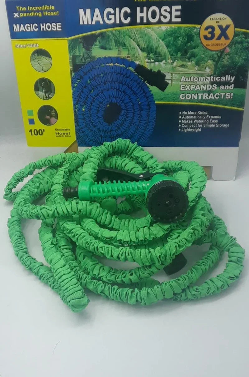 Green 100ft Expandable Garden Hose with Spray Nozzle Shown Next to Product Packaging
