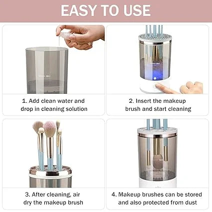 Step-by-step guide on using a makeup brush cleaner with text overlay.