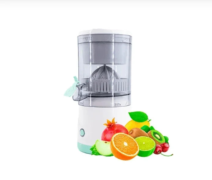 White manual juicer with colorful fruits on a white background