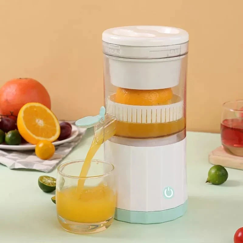 Juicer pouring orange juice into a glass with fruits in the background