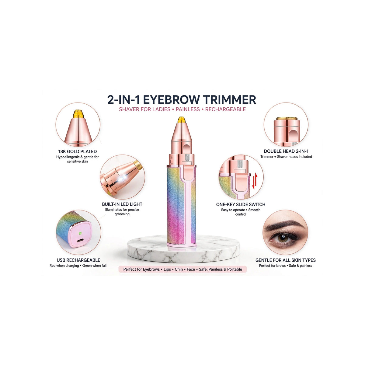 2-in-1 Rechargeable Eyebrow Trimmer & Facial Hair Remover for Women
