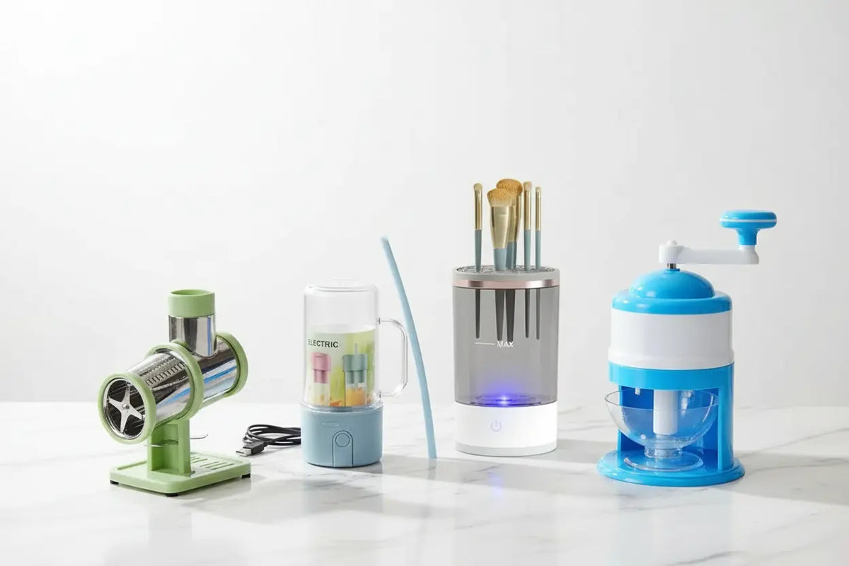 Daily Choice PK hero banner — curated home gadgets and electronics. A set of four modern kitchen and dining accessories arranged on a white marble surface against a white background: a green manual pasta maker, a clear electric chopper cup with a blue base, a silver brush holder with blue LED light and paintbrushes, and a blue-and-white manual grinder.
