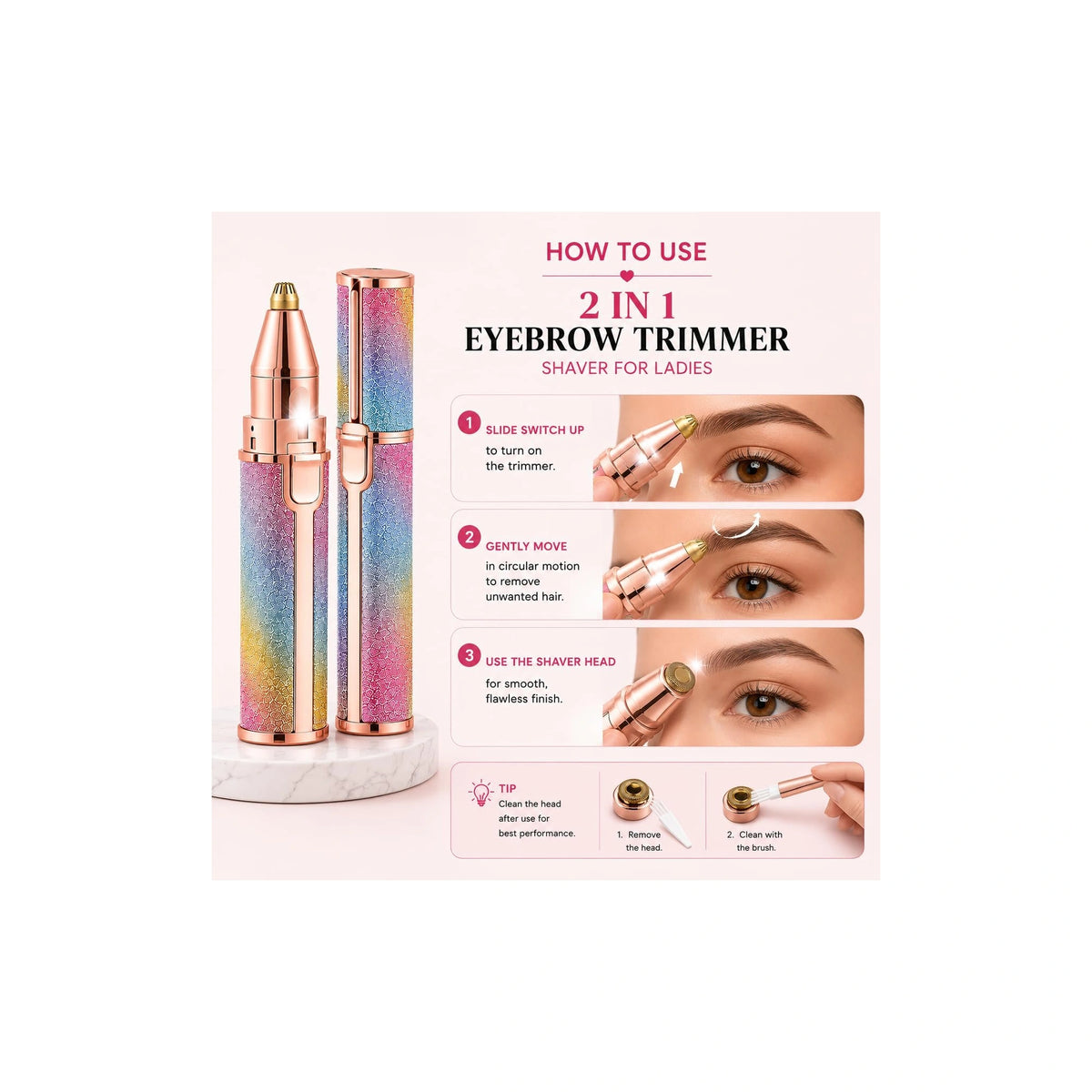 A 2-in-1 eyebrow trimmer and lash shaver shown on its product packaging card. The packaging features a pink background, showing the dual-sided metallic rose gold and iridescent glitter pen tool, along with three step-by-step diagrams illustrating how to use the device on eyebrows and around the eyes.