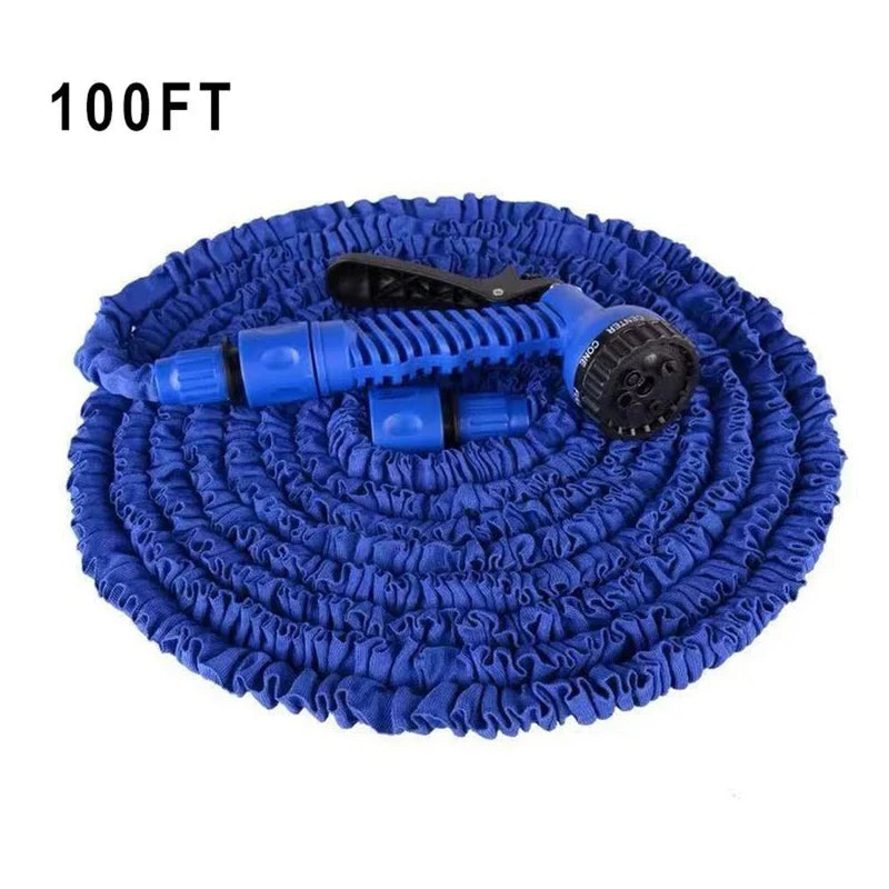 100ft Blue Expandable Garden Hose Coiled with Spray Gun and Connector Fittings