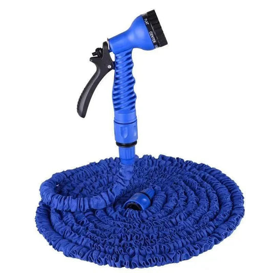 Blue Expandable Garden Hose Coiled with Multi-Function Spray Nozzle on White Background