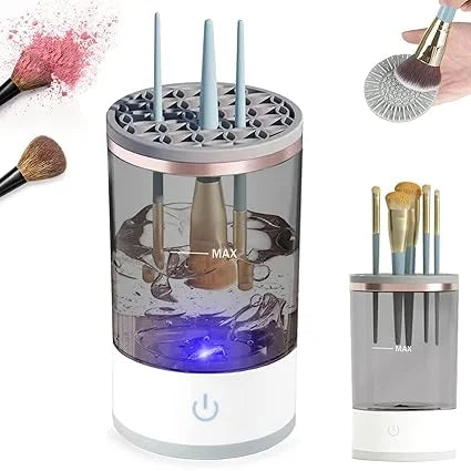 Makeup brush cleaner with brushes and a power button on a white background