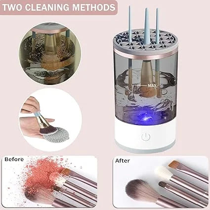 Cleaning device for makeup brushes with before and after effects shown.