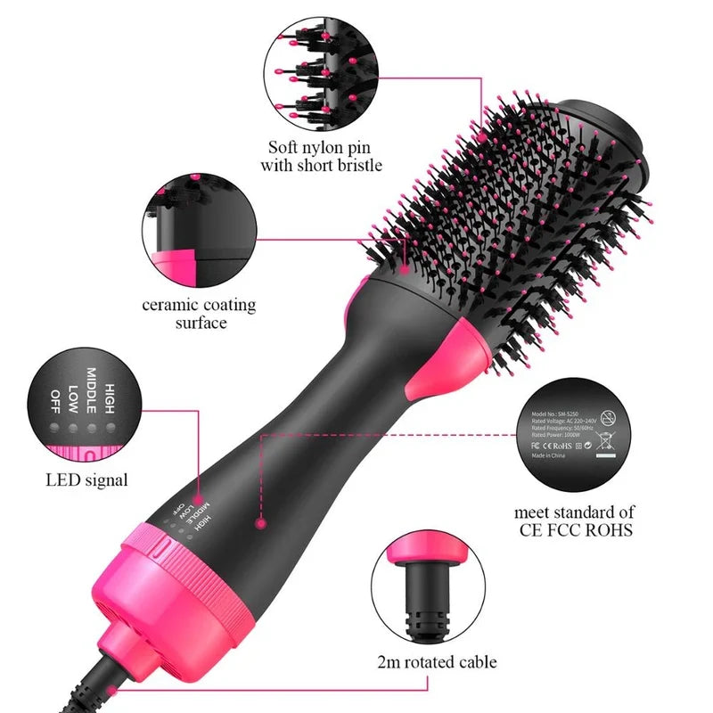 One Step Hot Air Brush Features Including Pins, Ceramic Coating, LED and Rotating Cord