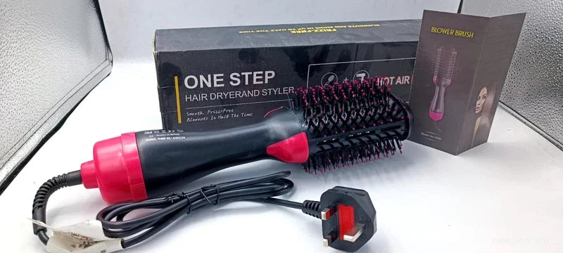 Black and Pink 4-in-1 Hot Air Brush Hair Dryer on White Background