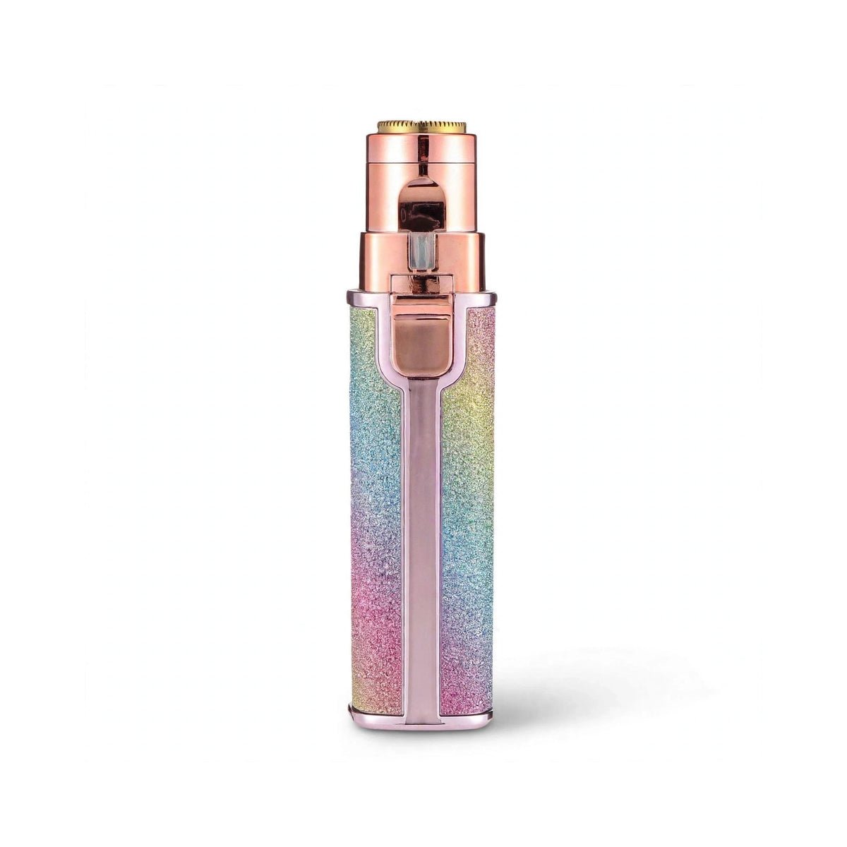 A portable electric lighter with a metallic rose gold top and a glittery, iridescent body showing pastel rainbow colors, set against a plain white background.