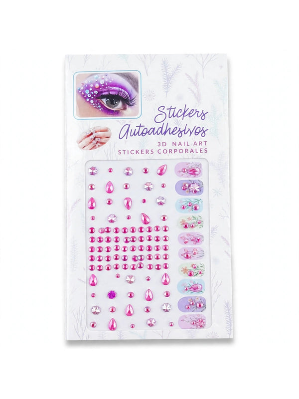 A package of pink 3D nail art stickers on a white backing card, featuring various rhinestone and floral sticker designs. Crystal gems sheet for festival makeup & nail art