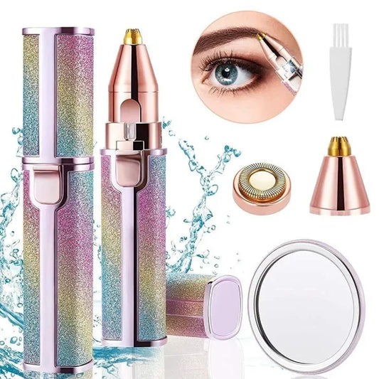 Multicolored beauty device with components and close-up of eye