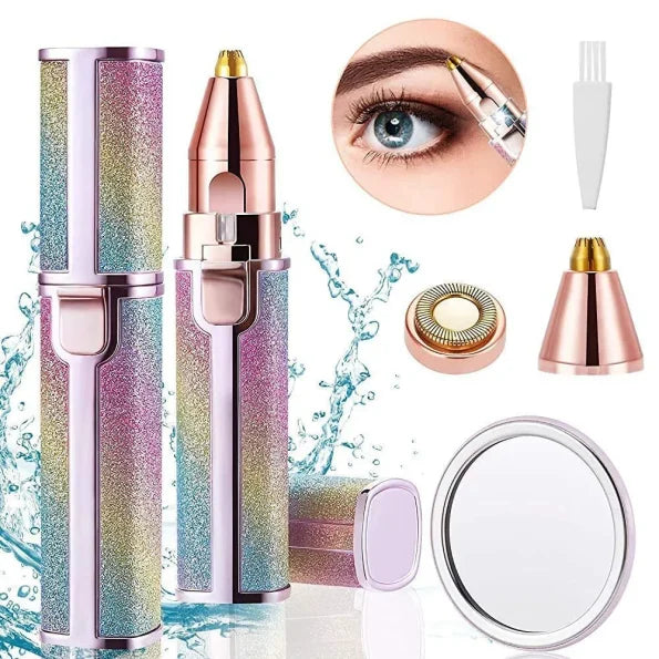 Multicolored beauty device with components and close-up of eye
