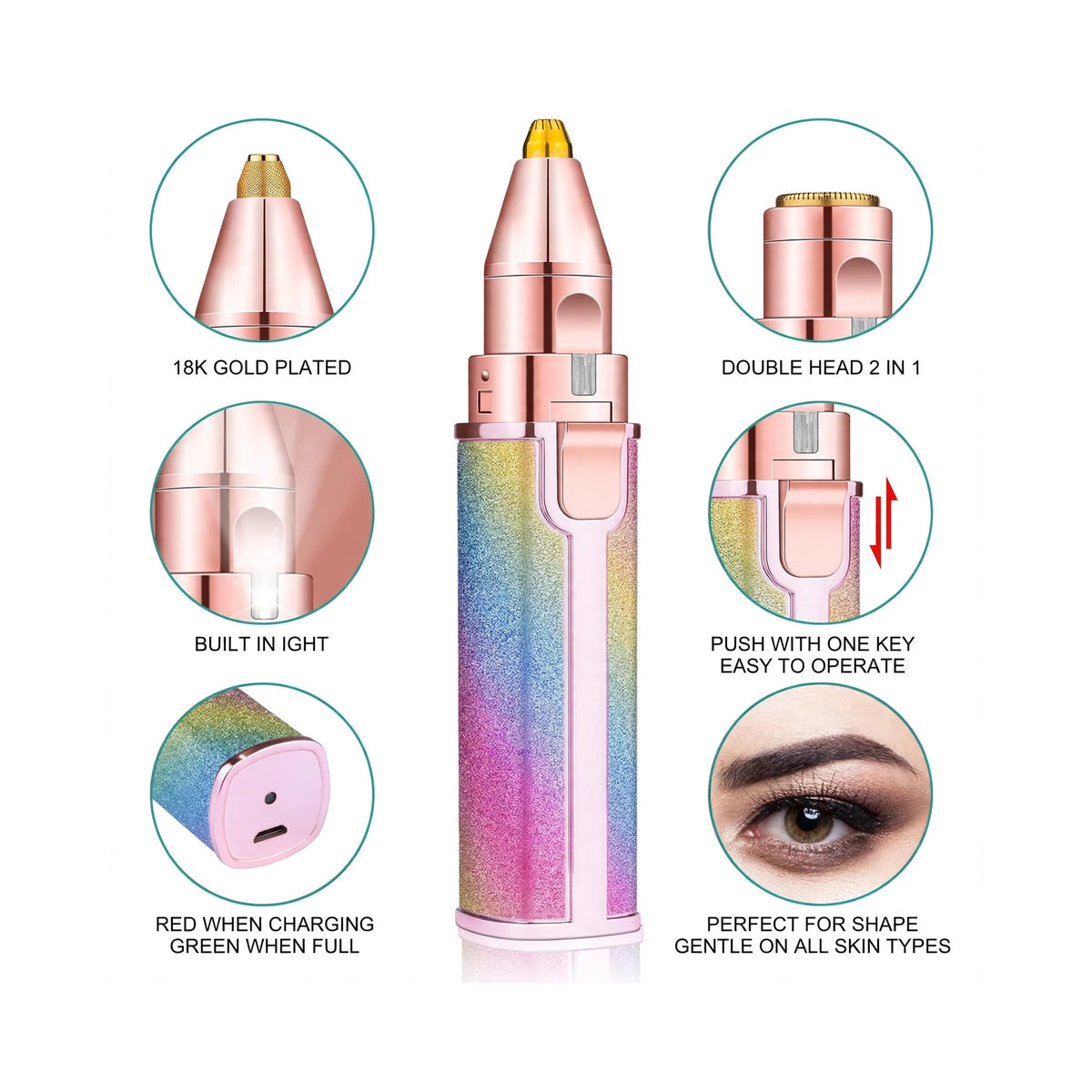 A handheld eyebrow grooming device with a holographic rainbow finish and rose gold metallic head, shown on a white background with six circular callout graphics highlighting features such as 18K gold-plated metal, double head design, built-in light, one-key operation, charging indicator, and suitability for all skin types.